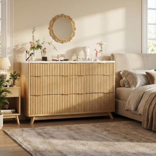 Modern Fluted Dresser with 7 Drawers, 54" Wide Large Curved Profile Wood Chest of Drawers, Mid-Century Storage Cabinet with Tabletop for Bedroom