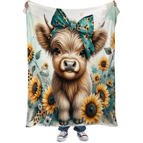 Reateforin Teal Highland Cow Blanket Girl Gifts Western Farm Animal Sunflower Flannel Fleece Nursery Bed Blankets Soft Lightweight Funny Animal Cow Print Blanket Highland Cow Nursery Bed Decor 50"x60"