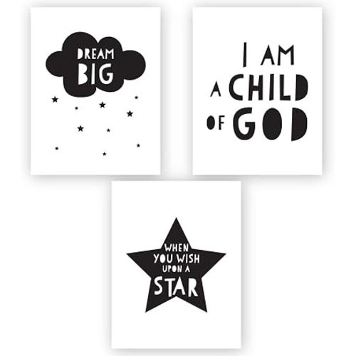 Andaz Press Unframed Kids Baby Nursery Room Wall Art, Black and White Scandinavian Minimalist, Dream Big Cloud Stars, I Am a Child of God, When You Wish Upon A Star, 3-Pack, Frame Sold Separately