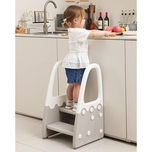 Two Step Stool with Handrails for Toddler and Kids, Standing Learning Stool Tower for Bathroom Sink, Potty Training, Children Step Up Learning Helper with Handles and Safety Non-Slip Pads(Gray)