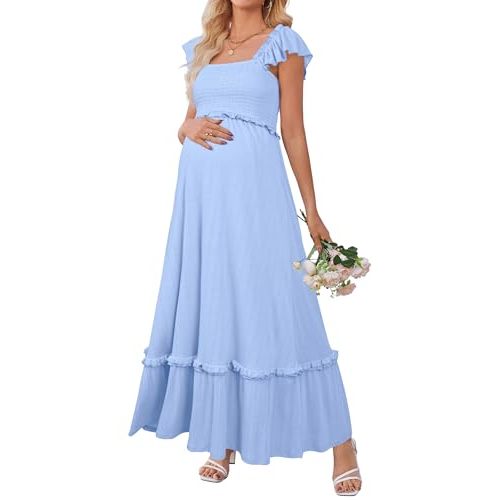 OUGES Womens 2025 Summer Maternity Photoshoot Dress Boho Maxi Smocked Baby Shower Dress Ruffle Sleeve Maternity Clothes