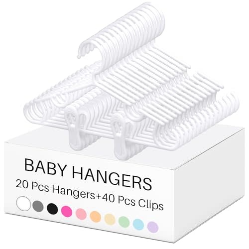Hsei Nursery Hangers with Clips for Kids Baby Pants Hangers 10/20/40 Newborn Plastic Hanger with 20/40/80 Clip for Closet Toddler Clothes Coat Skirts Socks(White,60 Packs)