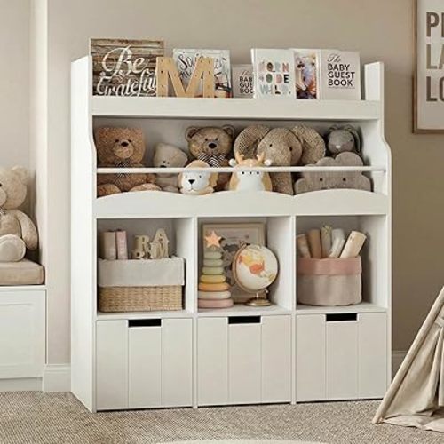 HITHOS Kids Toy Storage Organizer with Bookshelf, Multifunctional Book Shelf with 3 Movable Toy Organizers for Kids Room, Kids Bookcase and Toy Box, Toy Storage Chest for Playroom, White