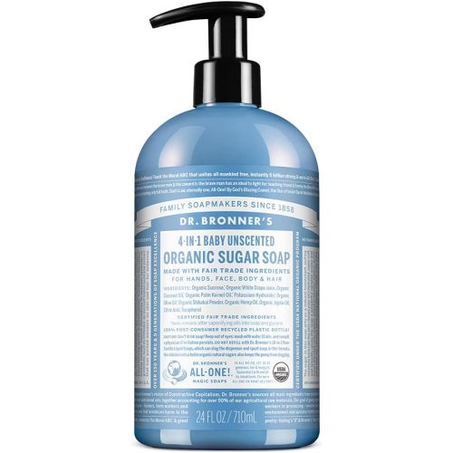 Dr. Bronner's Organic Sugar Soap (Baby Unscented, 24 Ounce) - Made with Regenerative Certified Organic Oils, Sugar & Shikakai Powder, 4-in-1 Use: Hands, Body, Face and Hair- Liquid Soap, Nourishes