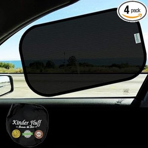 Car Window Shades - Certified 99.79% UVA & 99.95% UVB Sun Protection. Award Winning car Sun Shade for Side Windows. 4 Pack Semi Transparent 20" x 12" - Window Shade for car Baby by Kinder Fluff