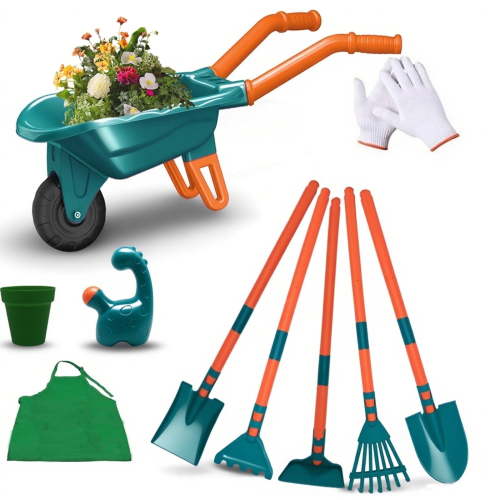 OUTGOO Kids Gardening Tools Set, 10pcs Kids Gardening Tools with Wheelbarrow, Shovel, Rake, Leaf Rake, Outdoor Toddler Toys Yard Digging Weed Pretend Toys for Boys Girls Age 3+