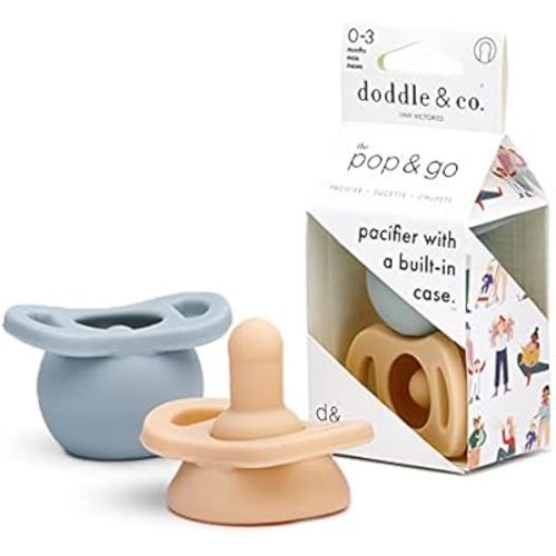 Doodle & Co. Pop & Go Pacifier for New Born Babies with Built-in Case | Pinch to Close Version | 100% Silicone for Infants | Helps Promote Oral Development | Plastic Free