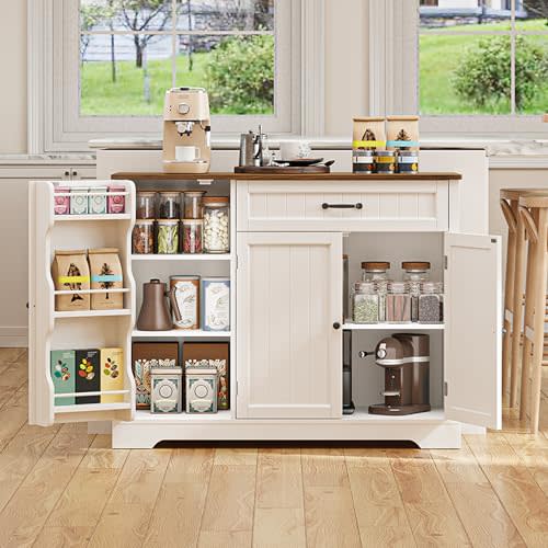 Gizoon Kitchen Coffee Bar Cabinet with Storage, White and Rustic | Kitchen Sideboard Buffet Cabinet with Drawers, Short Pantry with Door and Shelves for Bathroom and Living Room
