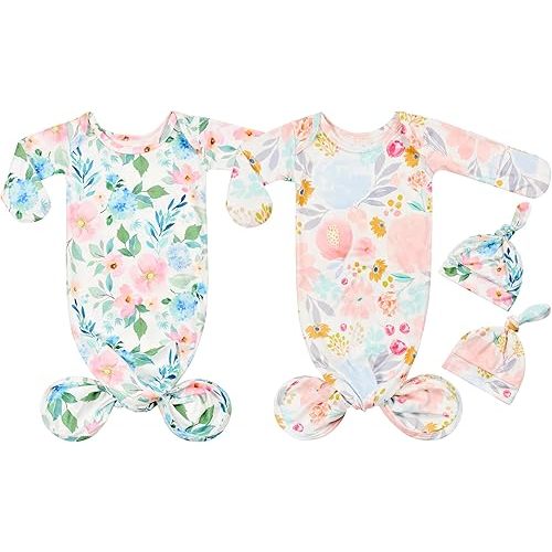 Newborn Baby Boy Long Sleeve Sleeper Gown with Mittens Knotted Gown Coming Home Outfit Nightgown Hat Set 2 Pieces