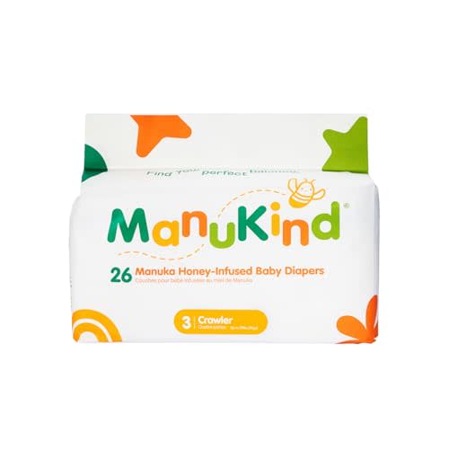 ManuKind Baby Diapers Size 3 (13-24 lbs), Manuka Honey Infused, Hypoallergenic Ultra Soft Disposable Diapers for Sensitive Skin, Fragrance & Chlorine Free, Plant-Based, 26 Count
