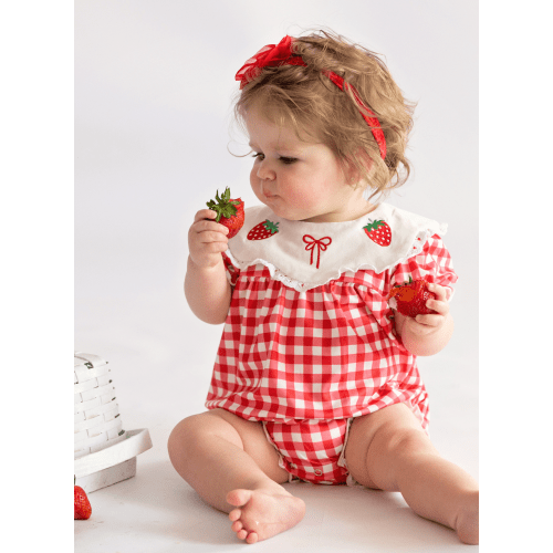 Gingham Berry Charm Embroidered Bubble Romper