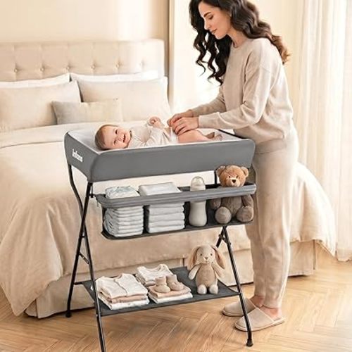 INFANS Baby Changing Table, Folding Diaper Station Portable Nursery Organizer with Safety Belt and Large Storage Racks for Newborn Baby and Infant (Grey)