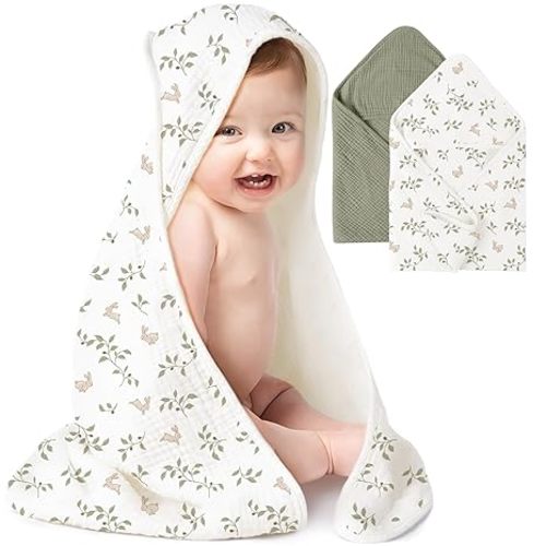 Konssy 2-Pack Muslin Hooded Baby Towels, 100% Cotton, Ultra-Soft & Absorbent Baby Bath Towels with Hood for Newborn & Infant (Fog Green, Sprout, 32" x 32")