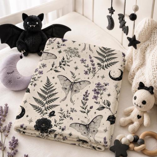 Luna Moth Baby Blanket, Gothic Celestial Nursery Decor, Botanical Wildflower Blanket