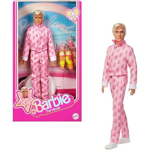 Barbie The Movie Ken Collectible Doll, Ryan Gosling as Ken Wearing Pink Jumpsuit with “B” Detail with White Sneakers and Multicolor Roller Skates