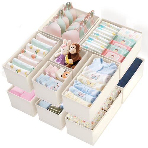 Dorisun Drawer Organizer Clothes 12 Pack, Dresser Closet Organizers For Baby Clothes Underwear, Sock Beige