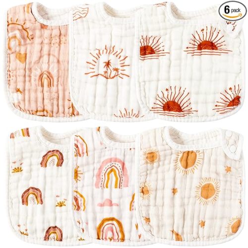 6Pcs Snap Muslin Cotton Bibs for Baby Rainbow Sun Star Adjustable Feeding Bib, Machine Washable Unisex Burp Cloths with 6 Absorbent Soft Layers for Infant Newborn Toddler Drooling Teething