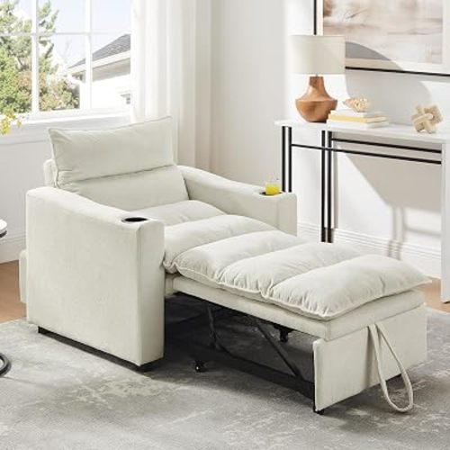 Eafurn 3-in-1 Convertible Sleeper Chair Bed Recliner Daybed w/Adjustable Backrest, Velvet Upholstered Pull Out Reading Chairs Modern Futon w/Cup Holders for Small Spaces Living Room