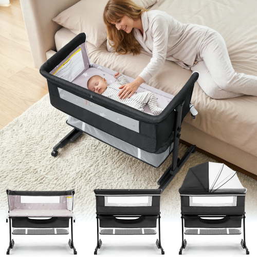 Baby Bassinet Bedside Crib Foldable Portable with Adjustable Height, Wheels, and Storage Basket, dark gray
