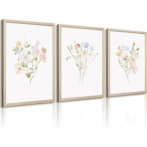 Nursery Wildflower Wall Art Girl Flower Canvas Wall Decor Floral Nursery Art Prints Pink Flower Pictures Botanical Wildflower Painting Pastel Floral Artwork for Girls Bedroom 12x16x3 Wood Framed