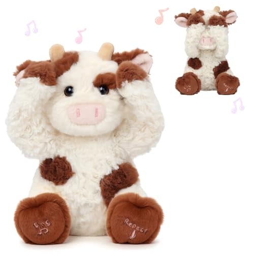 Hopearl Peek A Boo Cow Interactive Repeats What You Say Plush Diary Cattle Toy Musical Singing Talking Stuffed Animal Adorable Electric Animate Gift for Toddlers, Brown, 11''