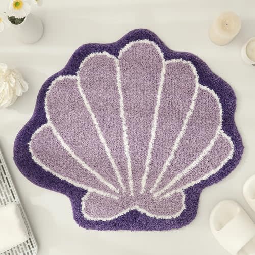 YRXRUS Seashells Bathroom Rug, Purple Bathroom Rugs, Ocean Decor Shell Bath Mat Gifts, Cute Seashell Shaped Bath Rugs for Sea Room Decor, Machine Washable & Non-Slip Bath Mat, 26x30 Inch Carpet