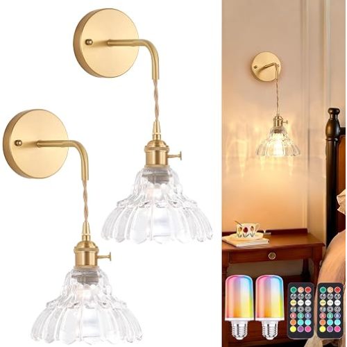 Shenmoyl Vintage Battery Operated wall sconces Set of 2, Wall Lamps with Clear Lily of the Shade Pattern Glass, Adjustable Chain Gold Wall Lights, sconces wall Decor for Stairway Living Room Doorway