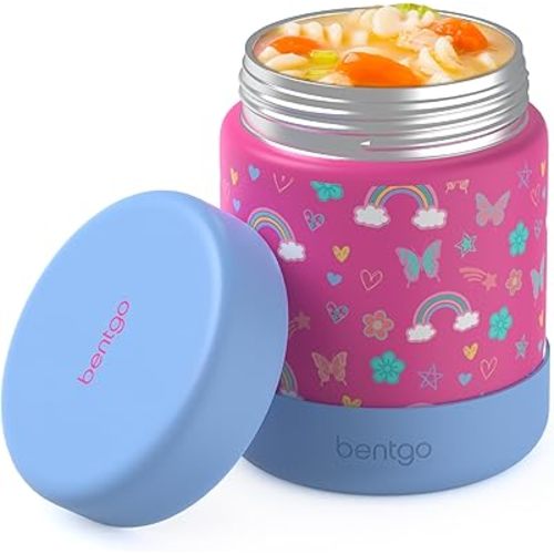Bentgo Kids Stainless Steel Food Jar - 11oz Leak-Proof Double Insulated Hot or Cold Food Container with Removable Silicone Bumper, Dishwasher Safe, Easy Open Lid, Ages 3+ (Rainbows and Butterflies)