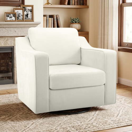 COOLHUT Swivel Accent Chair, Linen Fabric Modern Upholstered Armchair with Plump Back Pillow, Comfort Barrel Reading Chair for Living Room Bedroom, White