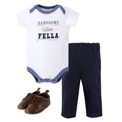 Little Treasure Baby Boy Cotton Bodysuit, Pant and Shoe 3pc Set, Handsome Fella Short-Sleeve