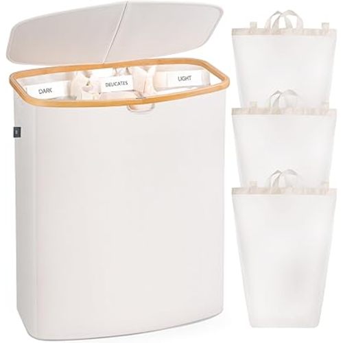 160L Laundry Hamper with Lid, Large Laundry Basket 3 Section with Bamboo Handle, Collapsible Dirty Clothes Hampers for Bedroom Aesthetic, Bathroom, Laundry Room, Beige