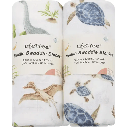 LifeTree Muslin Swaddle Blankets, Baby Swaddling Wrap Nursery Blanket for Boys & Girls, Soft 70% Viscose from Bamboo and 30% Cotton, Large 47 x 47 inches, Sea Turtle & Dinosaur