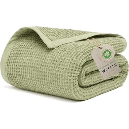 GOTS Certified 90"X90" Queen 100% Organic Cotton Waffle Blanket- Green