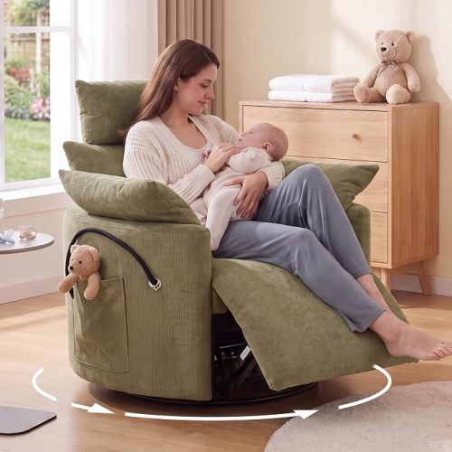 Chenille Manual Nursery Rocking Recliner with 2 Side Pockets, Green