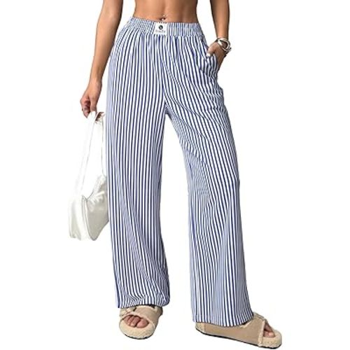 EVALESS Women's Striped Pants Spring Summer 2026 Comfy Pajama Pants High Waist Wide Leg Lounge Pants Lightweight PJ Bottoms