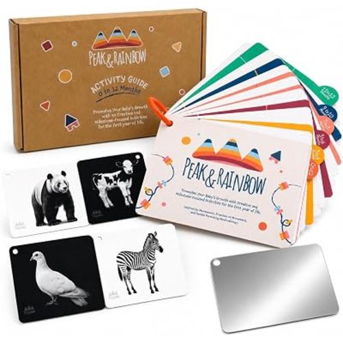 Baby Activity Cards 0-12 Months, Newborn Activity Cards with Tummy Time Mirror, High Contrast Cards, Monthly Milestones & Simple Play Ideas, Montessori-Inspired for First Time Parents
