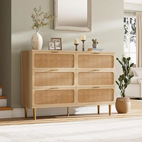 Garvee Rattan Dresser with 6 Drawers, Tall Modern Closet with Deep Storage, Large Chest of Drawers with Wide Top, Long Wooden Dresser for Bedroom, Living Room, Hallway, Kids Room, Natural