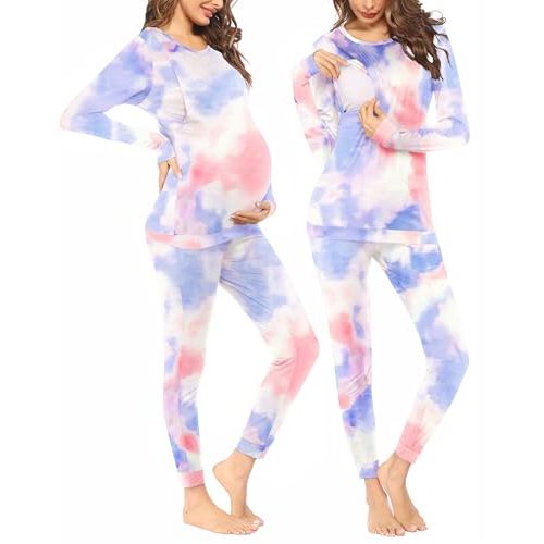 Ekouaer Tie Dye Long Sleeve Pajamas Set For Pregnancy Fall Winter Maternity Clothes Pink XL