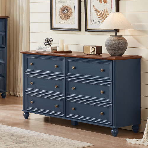 Rustic Modern Chest of 6 Drawers, 54" Extra Wide Double Dresser for Master Bedroom or Nursery Storage, Storage Dresser Organizer Closet for Living Room, Blue