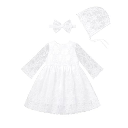 Infant Girl White Baptism Christening Outfits with Bonnet Flower Girl Wedding Dress Newborn Sheer Sleeve Blessing Gown