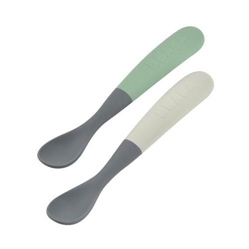 BEABA Baby's First Foods Spoon Set with Travel Case, Two Tone Soft Silicone Baby Spoons, Travel Set, Mineral