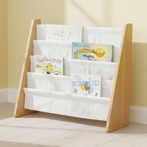 Humble Crew 4-Tier Kids Bookshelf, Natural Wood/White - Premium Book Shelf for Kids Rooms with Four Deep Pockets - Toddler Sling Book Rack with Deep Sleeves, Nursery Bookcase Organizer