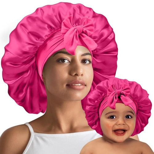 2 PCS Mommy and Me Bonnet Set, Silk and Satin Bonnets for Sleeping with Elastic Tie Band, Adjustable Hair Bonnets for Women, Girls, Kids and Toddlers (Rose Red)