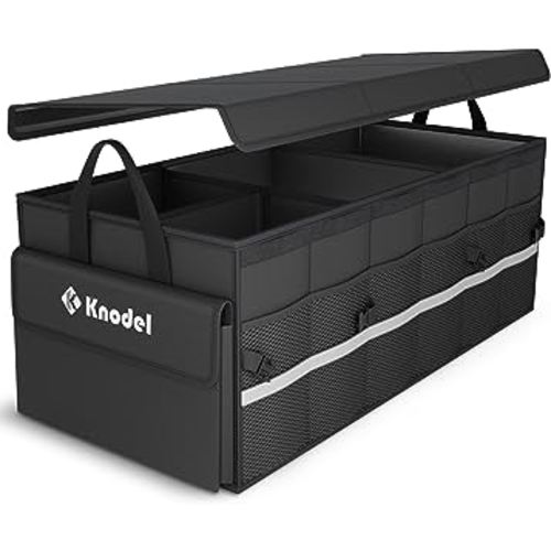 K KNODEL Car Trunk Organizer with Lid, 3 Compartments Collapsible Car Trunk Storage Organizer, Large Car Organizer and Storage for SUV, Truck, Sedan (Large, Black)