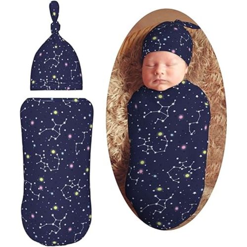 Space Stars Newborn Swaddle Blankets Hat Sets Soft Baby Receiving Blanket Swaddle Sack for Baby Shower Infant Boy Girl Gift
