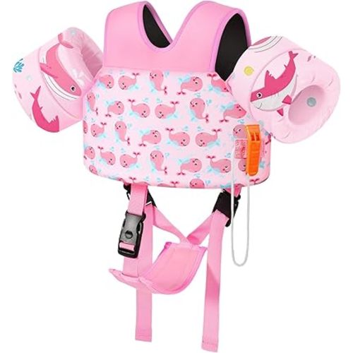 MoKo Swim Arm Floaties 15-30 lbs, Toddler Swim Vest for Kids Cartoon Swimming Water Wings with Crotch Strap, Pool Float Vests Sleeves Shoulder Straps Arm Band for Children, Baby Pink Whale