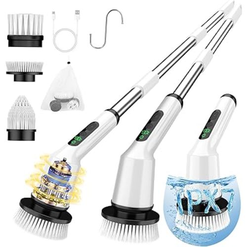 Electric Spin Scrubber for Cleaning Bathroom, Shower Scrubber Cordless Cleaning Brush with IPX7 Waterproof & 2 Speed, 3 Brush Heads, Bathroom Cleaning Supplies for Shower Tub Kitchen Tile Toilet White