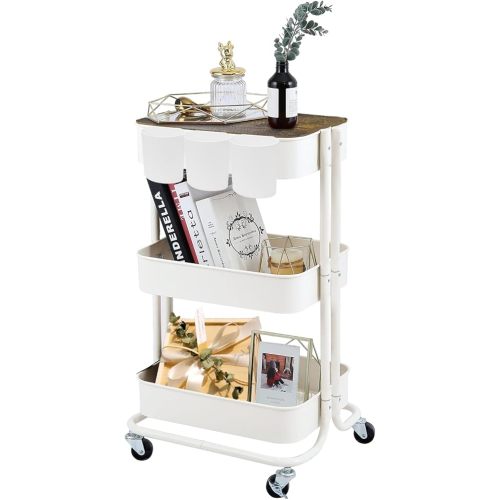 Melody House 3-Tier Metal Utility Rolling Cart Storage Side End Table with Cover Board for Office Home Kitchen Organization, Cream White