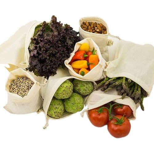 Simple Ecology Reusable Grocery Produce Shopping and Storage Bags, Organic Cotton Muslin, Set of 6 (2 ea. of L, M, S)
