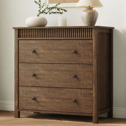 Fluted 3 Drawer Dresser, Walnut 3 Chest of Drawers Nightstand with Fluted Design, 32" Tall Wooden Dresser Closet for Bedroom Living Room Nursery